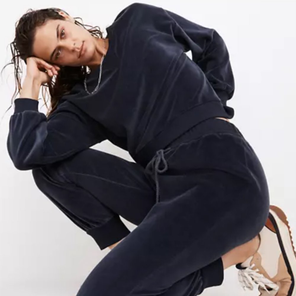 Madewell MWL Velour Crewneck Sweatshirt and Joggers Dark Baltic Set Size Large